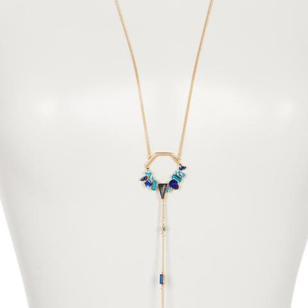 Rebecca Minkoff Gold Blues New 12kt Long Crystals Necklace New